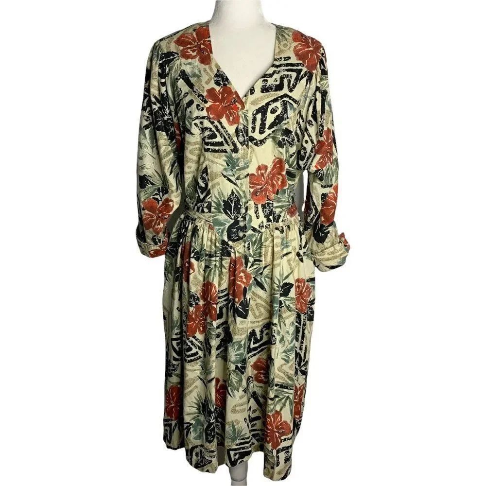 Vintage Button Front Shirt Dress 16 Beige Floral Dolman Sleeve Tie Waist Pockets